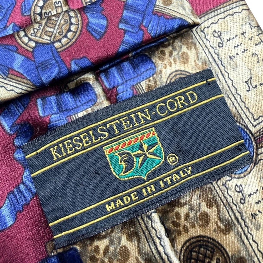 Kieselstein Cord Burgundy Blue Geometric Silk Mens Necktie Made in Italy 3.75x57
